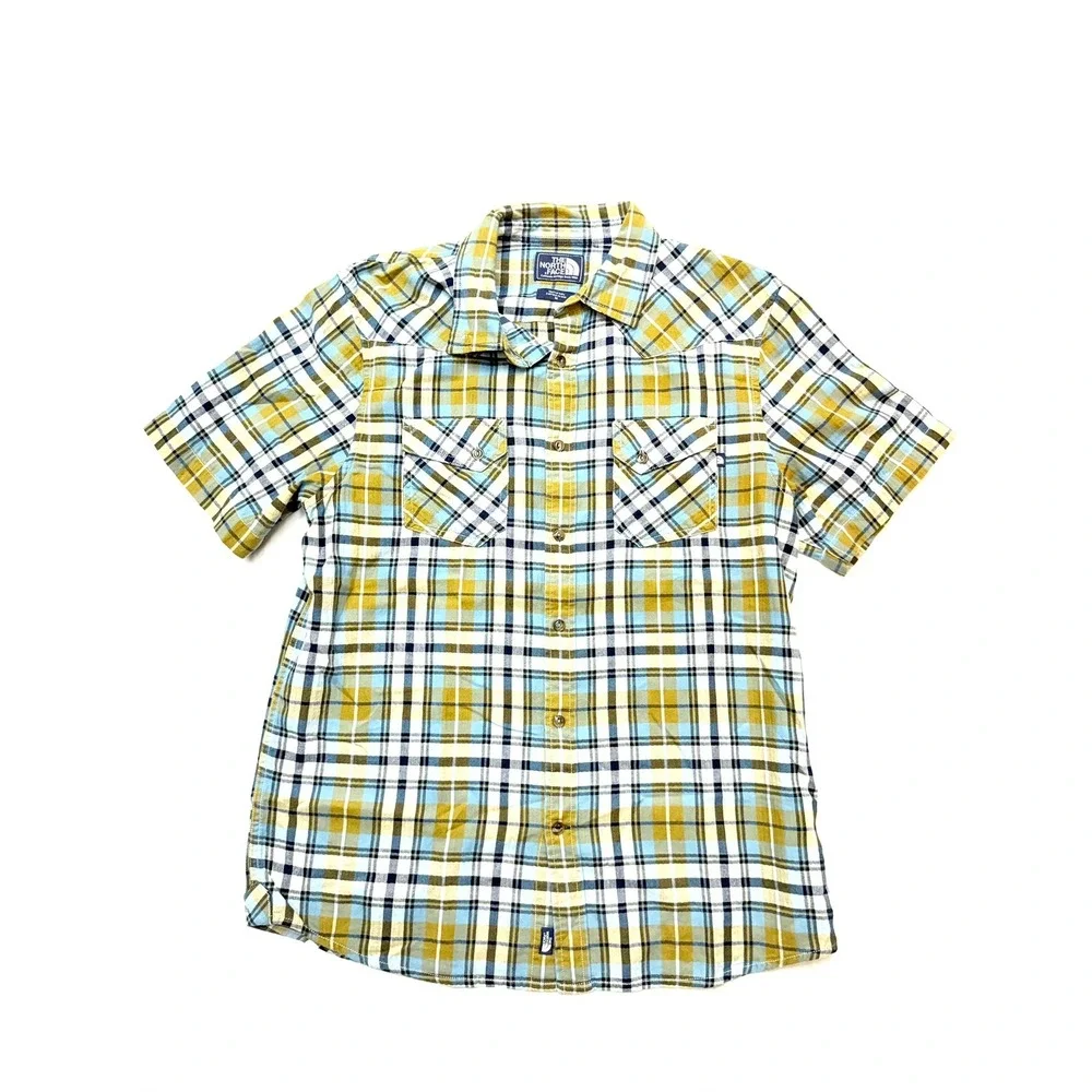 NORTH FACE Mens Medium Blue Mustard Plaid Short Sleeve Button up Casual Shirt U6